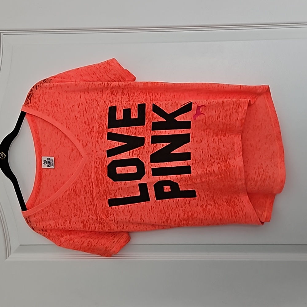 PINK LOVE PINK T Shirt Short Sleeve V Neck Neon Orange Womens XS Longer in Back